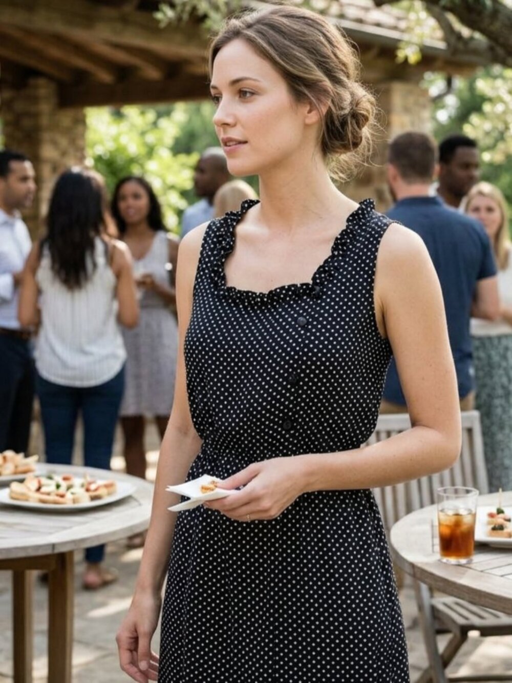 Maison Scotch Polka Dot Ruffle Neck Silk Blend Dress